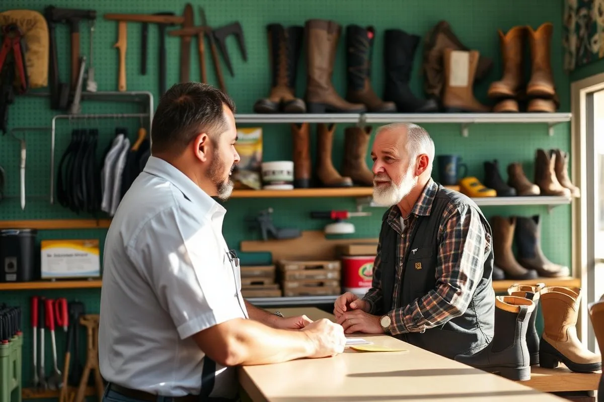 Representante comercial conversando com lojista no balcão da agropecuária